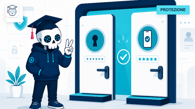 Anteprima 2FA con mascotte CyberSkull e smartphone