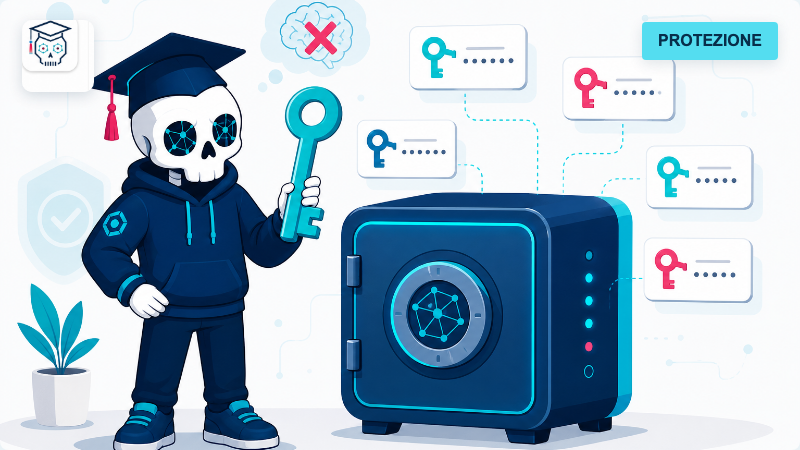 Anteprima password manager con mascotte CyberSkull e cassaforte