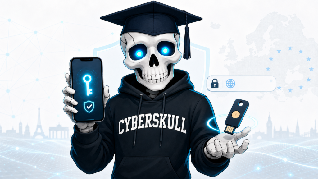 Mascotte CyberSkull con tocco accademico, smartphone con passkey e security key