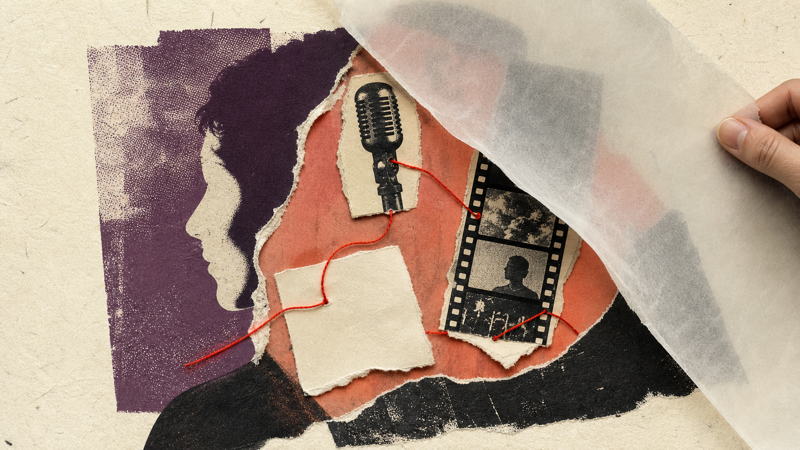 Un foglio traslucido rivela un collage di volto, microfono e pellicola collegati da un filo rosso.