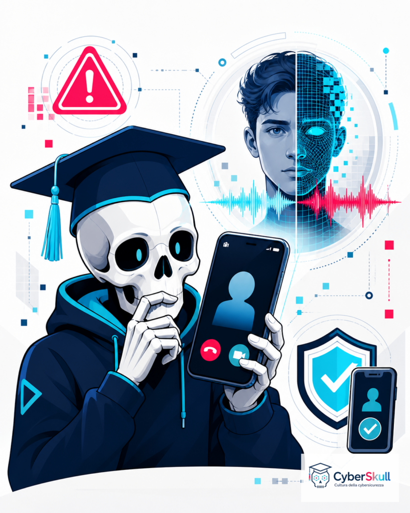 Mascotte CyberSkull con smartphone davanti a una possibile truffa deepfake con voce clonata