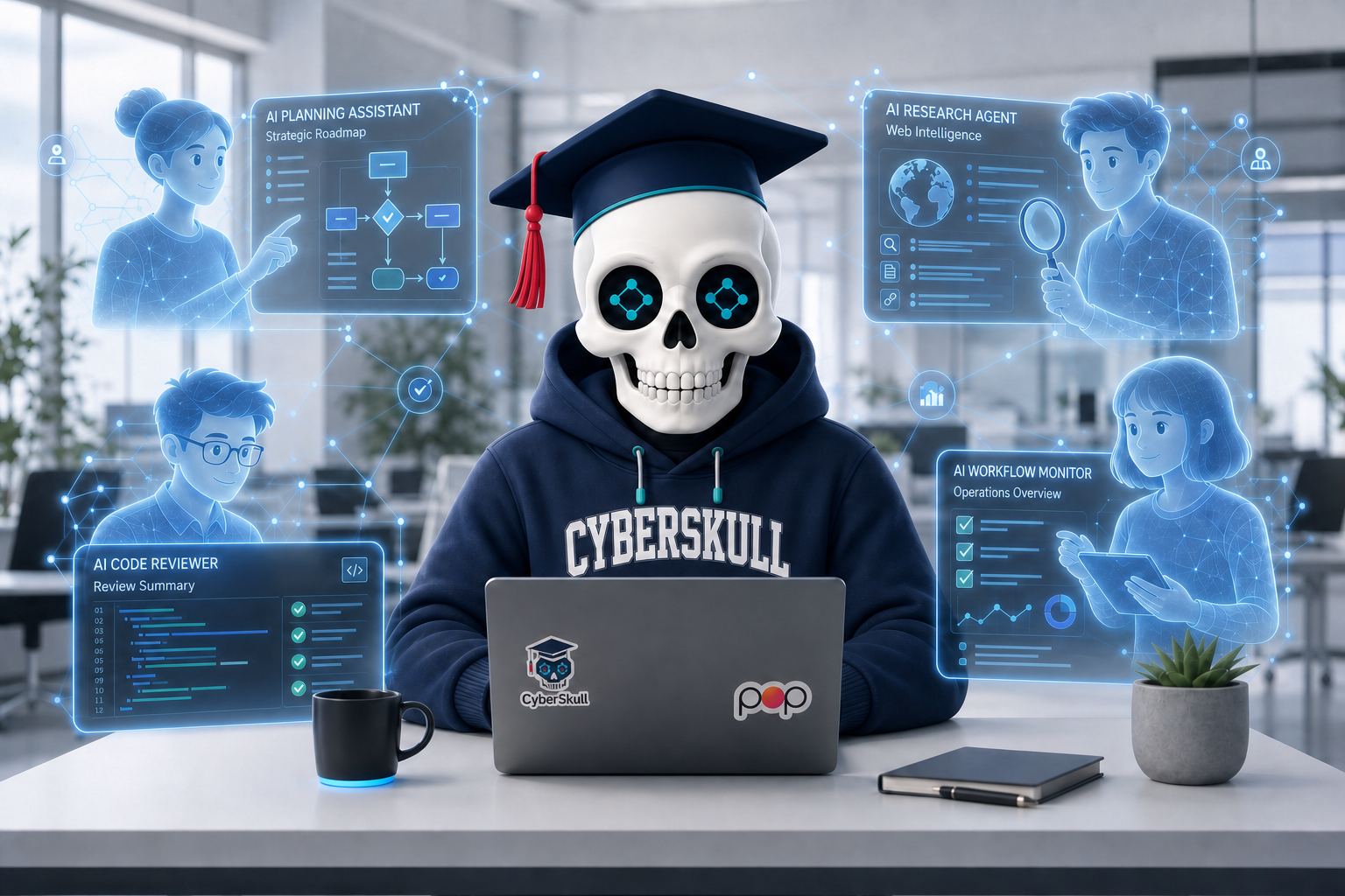 CyberSkull con tocco accademico in un ufficio insieme a un team di agenti IA