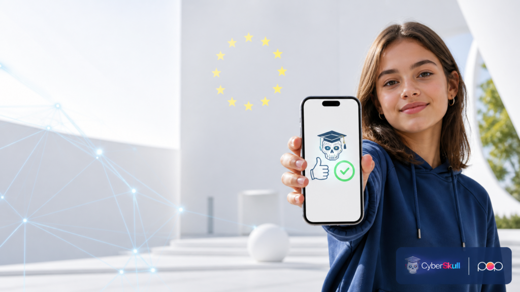 Ragazza con smartphone, mascotte CyberSkull verificata e riferimenti all’Unione europea