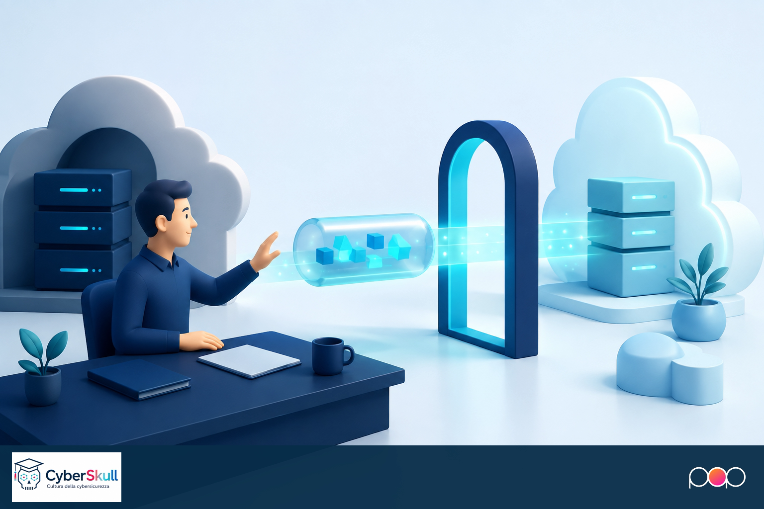 Una professionista trasferisce in modo controllato dati tra due servizi cloud attraverso un varco aperto.